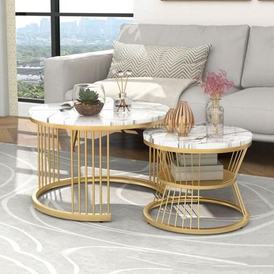 Couchtisch 2er Set 70/45cm, rund, glänzende Tischplatte aus pvc mit Marmor-Effekt, Metallfüße, Image