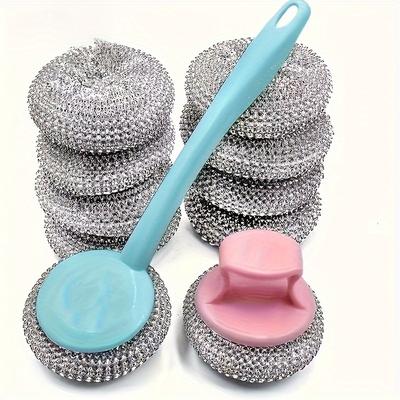 TEMU 10pcs Stainless Steel Scrubbers With Handles - , Detachable Kitchen Cleaning Balls For Pots & Pans, Surfaces Image