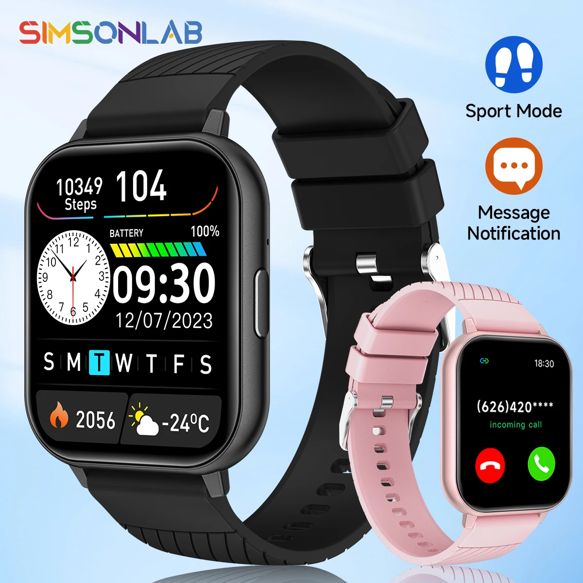 SIMSONLAB 1,83 Zoll HD-Smartwatch mit großem Bildschirm, Bluetooth-Anruf, Schlafüberwachung, Übung, Musikwiedergabe für Männer und Frauen Image