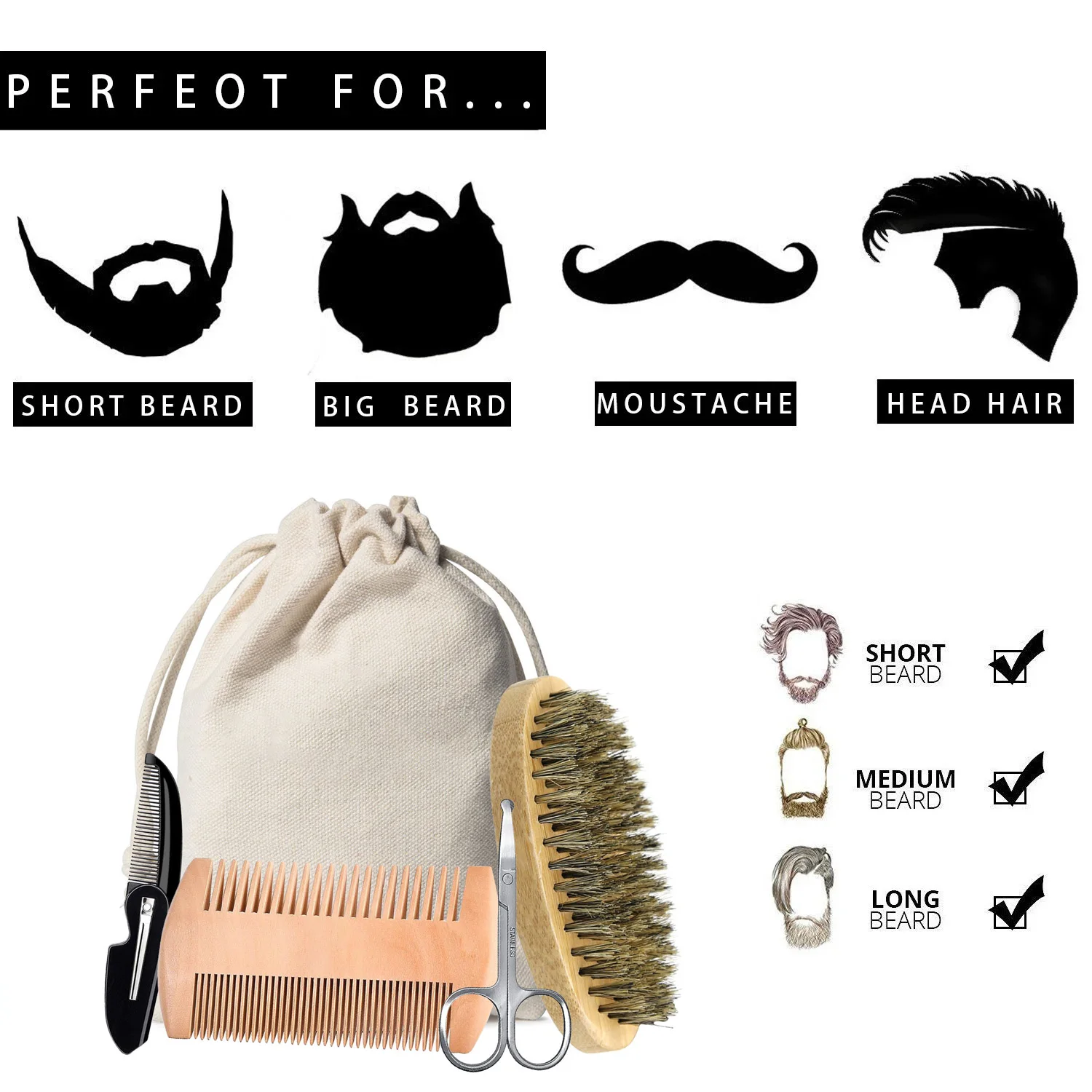 4/6Pcs Männer Rasieren Bambus Pinsel Kamm Set Wildschwein Borsten Tragbare Barber Bart Pinsel Kamm Schere für gesichts Reinigung Styling Werkzeug Image