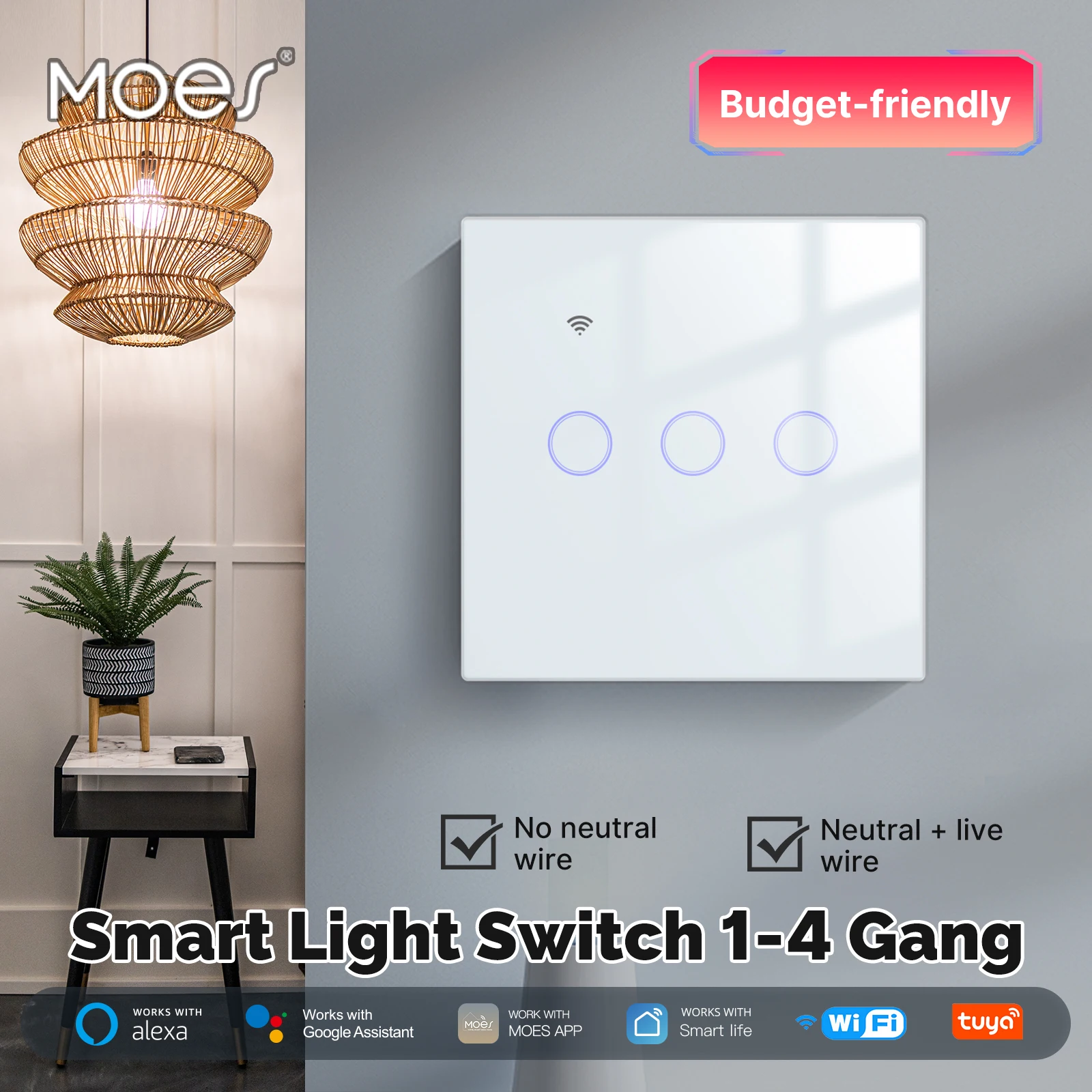 Tuya WiFi Smart Licht Schalter Glas Touch Control Feuerfest Kein Neutralleiter Erforderlich Fernbedienung Alexa Google Home Kompatibel Image
