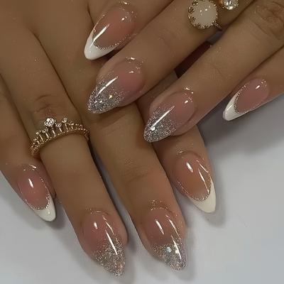 TEMU Elegant 24pcs Press-on Nails Set - Medium Length, White French Tip With Silvery Glitter, Includes Jelly Adhesive & Nail File