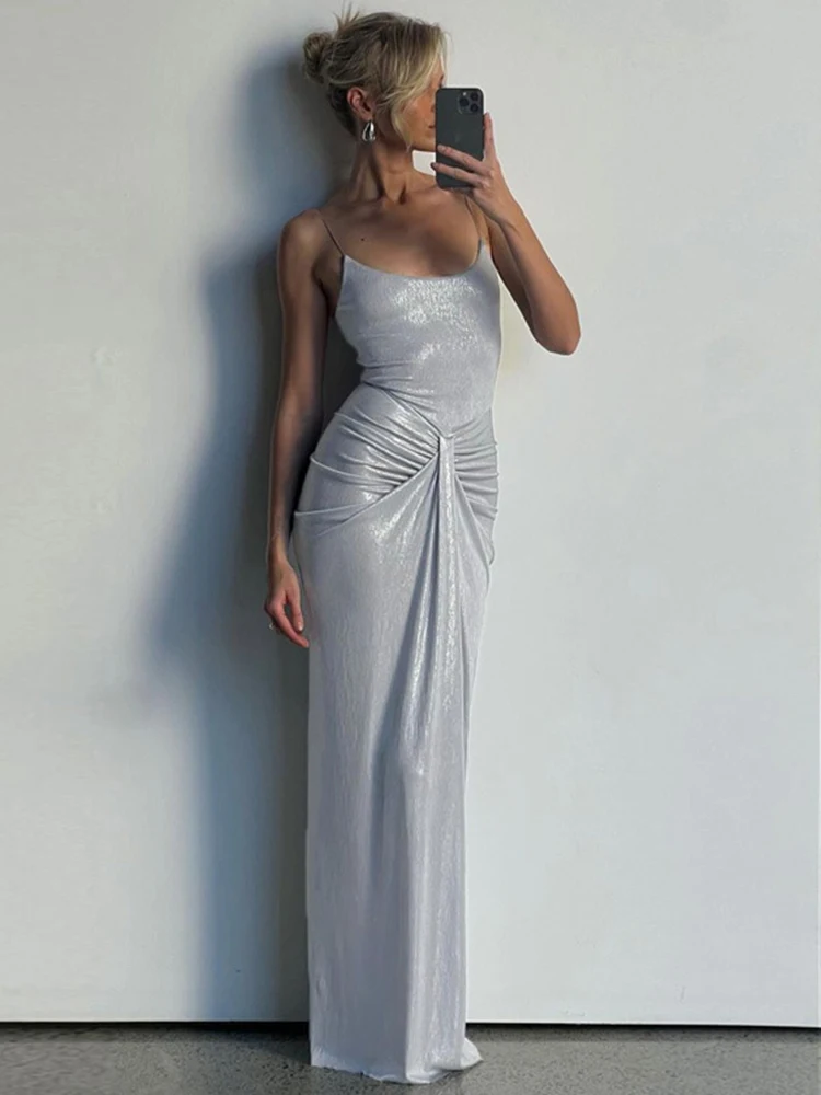 Mozision Silber Spaghettiträger Sexy Maxikleid für Damen, modisch, glitzernd, ärmellos, rückenfrei, gerüscht, Strandclub, sexy langes Kleid