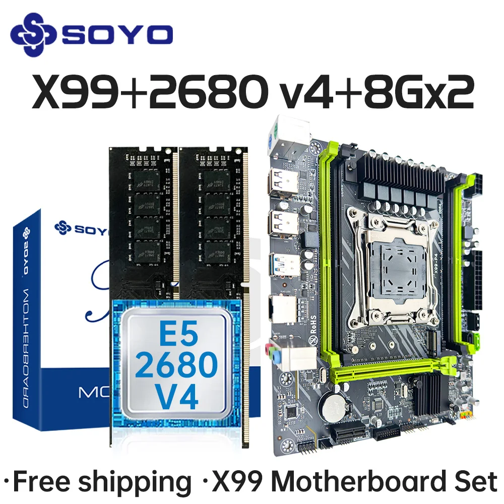 SOYO X99 Gaming-Motherboard-Set mit Intel Xeon E5 2680 V4 CPU und DDR4 8 G x 2 2133 MHz RAM M.2 NVME für Computerkomponenten Mainboard