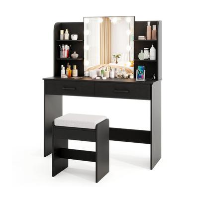 Costway Vanity Set with Lighted Mirror and Stool with Power Outlet-Black