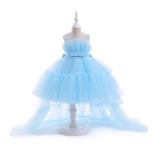 kinderkleidung Mädchen Party Kleid Feste Farbe Ärmellos Leistung Hochzeit Party Krawattenknoten Schön Süß Polyester Asymmetrisch abendkleider Schaukelkleid A Linie Kleid Sommer 4 Jahre Schwarz Wei Image