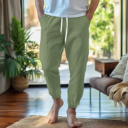 Herren Leinenhosen Hose Sommerhose Elastischer Bund Gerader Schnitt Hohe Taille Einfarbig Komfort Atmungsaktiv Volle Länge Heim Einfach Lässig Schwarz Weiß Hohe Taille Unelastisch Image