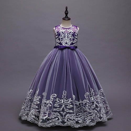 Blumenmädchenkleid Kinder Mädchen Prinzessinenkleid Leistung Hochzeit Party Elegant Schön Gitter Feste Farbe Ärmellos Rundhalsausschnitt Hellrosa Weinrot 4 Jahre Image