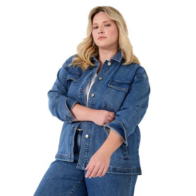Plus Size Women's Denim Utility Jacket by June+Vie in Vintage Medium Wash (Size 10/12)