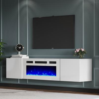 TEMU Wall-mounted Floating Tv Stand Integrated With Electric Fireplace, Featuring High-gloss And Storage Capacity For Tvs Up To 78