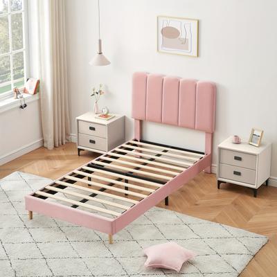 TEMU Pink Twin Bed Frame For Girls, Twin Size Velvet Upholstered Bed Frame With Headboard, No Box Spring Needed, Wooden Slats Support, Easy Assembly