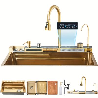 TEMU Waterfall Kitchen Sink, Single Bowl Kitchen Sinks, Waterfall Kitchen Faucet With Pull Down Sprayer, Stainless Steel Sink With Multiple Functions, Gray/brushed Golden Image