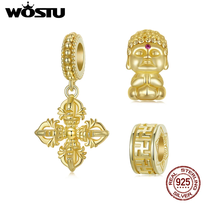 WOSTU 925 Sterling Silber 18 Karat Gold Religiöser goldener Buddha Charm Vajra Anhänger Hakenkreuz Stopper Bead Fit Lederarmband DIY