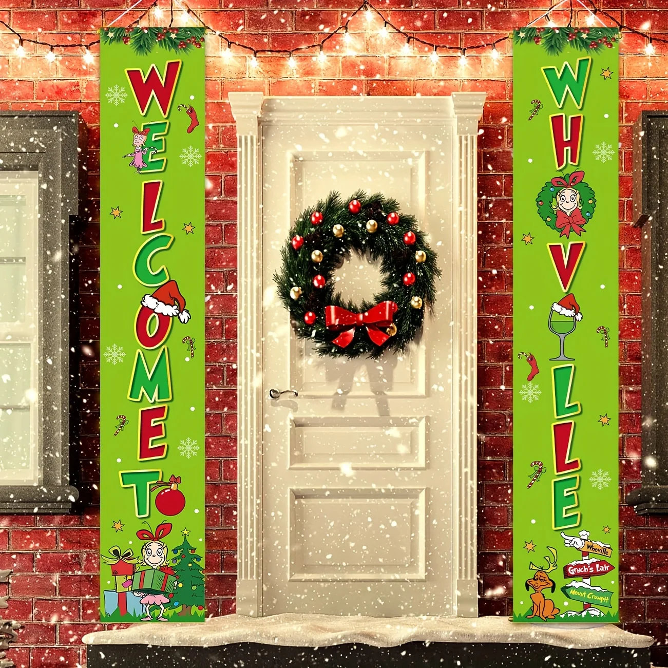 Whoville Weihnachtsdekorationen, Weihnachts-Veranda-Schild – Willkommen bei Whoville, Weihnachts-Türdekorationen, hängendes Banner, Hintergrund im Freien Image