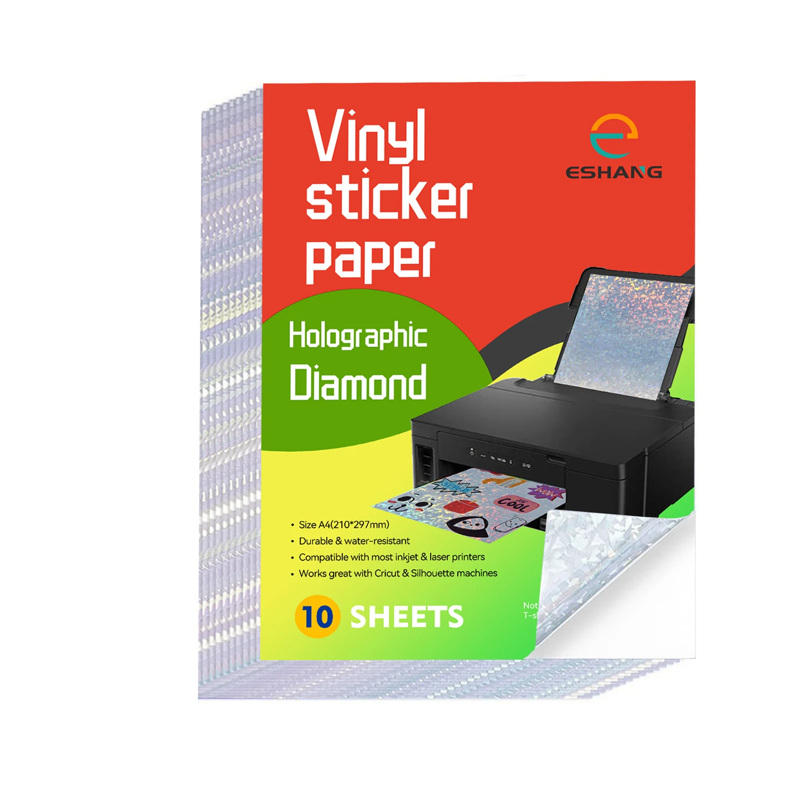 Eshang 10 Blatt a4 Diamant bedruckbares Vinyl-Aufkleber papier holo graphisches selbst klebendes wasserdichtes Aufkleber papier 8,3x11,7 Zoll Image