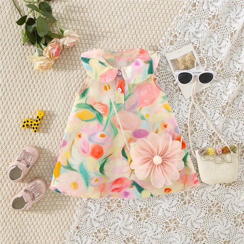 Sommer Ölgemälde Kragen Baumwolle Baby Mädchen Kleid Puppe Kragen Ärmelloses Strand Mädchen Kleid Mit Tasche Image