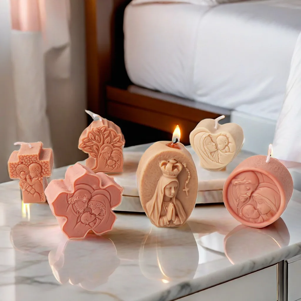 Mini flache Jungfrau Jesus Heilige Familie Kerze Silikonform oval rund herzförmige Kreuzskulptur Harz Gips machen Home Decor Image