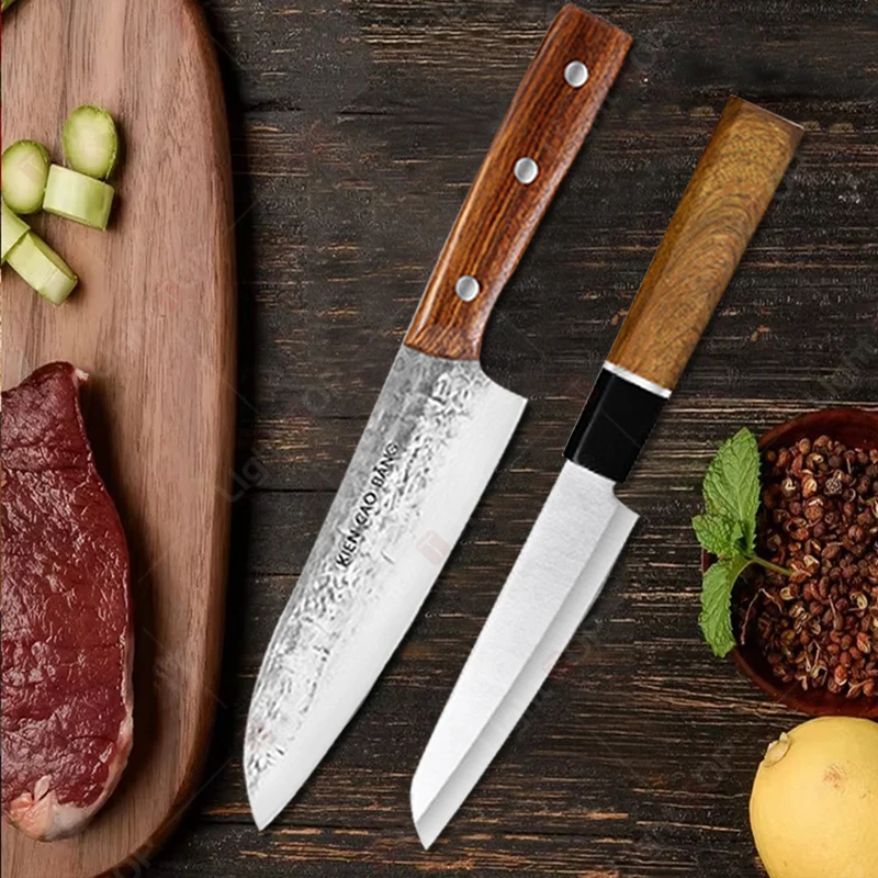 Japanisches Küchenmesser aus Edelstahl, Obstschälermesser, handgeschmiedetes Metzgermesser, Holzgriff, Kochmesser und Zubehör Image