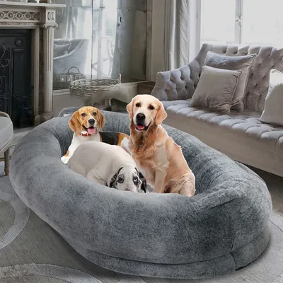 Luxury Large Human Sized Dog Bed Giant Soft Fur BeanBag Calming Mattress Thermal Pet Dog Napping Bed with Cozy Blanket Washable