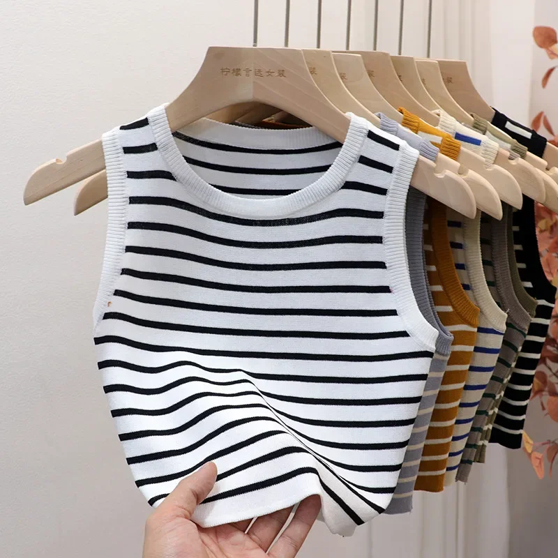 Sommer Frühling gestreifte Tanktops Frauen ärmellose gestrickte T-Shirts Crop Tops weibliche elastische schlanke Freizeit westen Pullover Camis Image