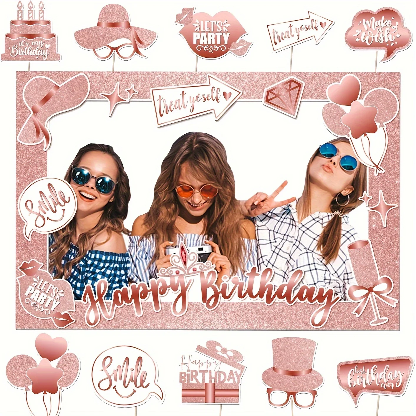 Alles Gute zum Geburtstag Foto kabine Requisiten Roségold Geburtstags feier Photo booth Selfie Rahmen & Requisiten für Geburtstags feier Dekorationen liefern Image
