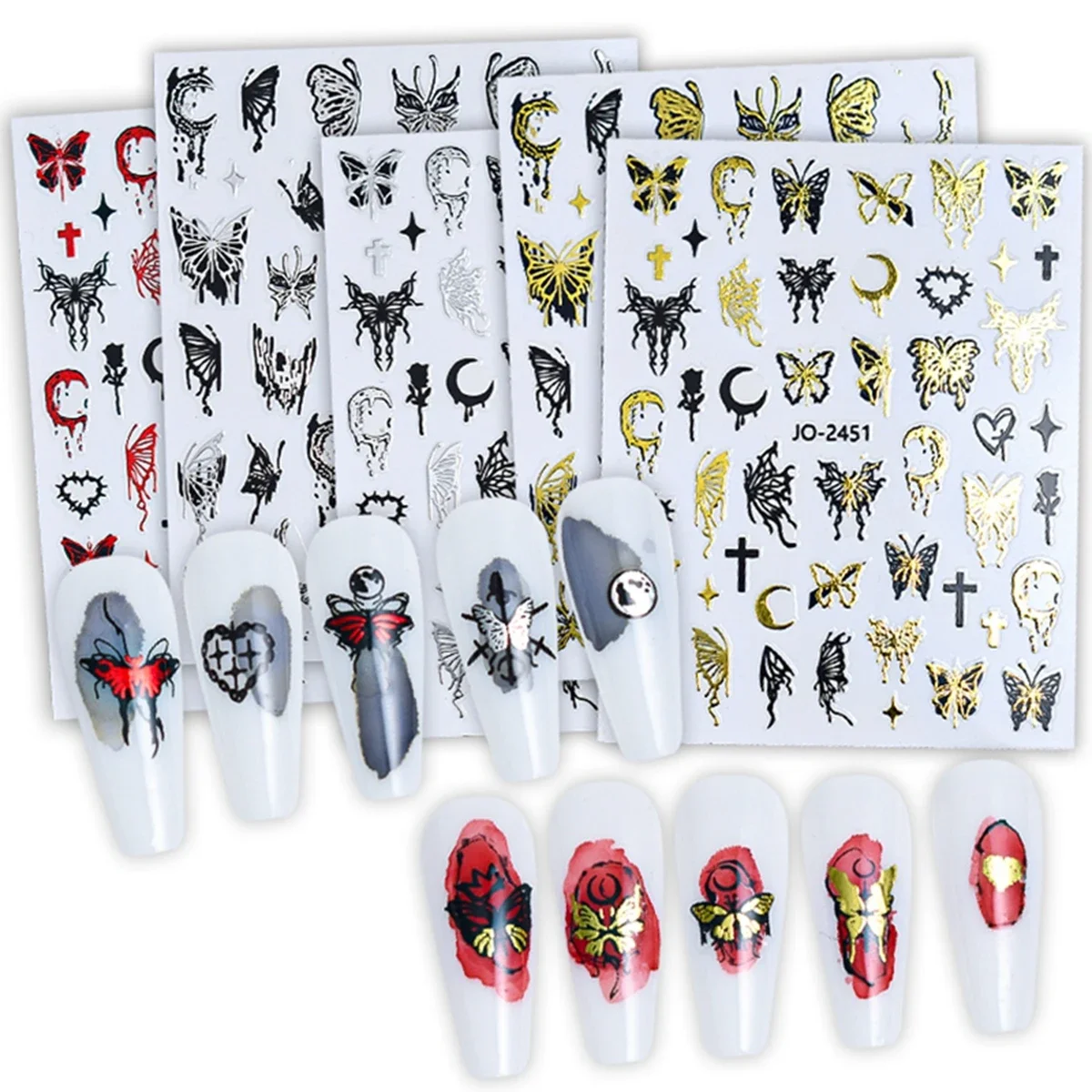 Y2k Stil Schmetterling Nagel Aufkleber schwarz Gold Silber Schmetterling Kreuz Muster ins Stil Design Nagel dekorative Abziehbilder Image
