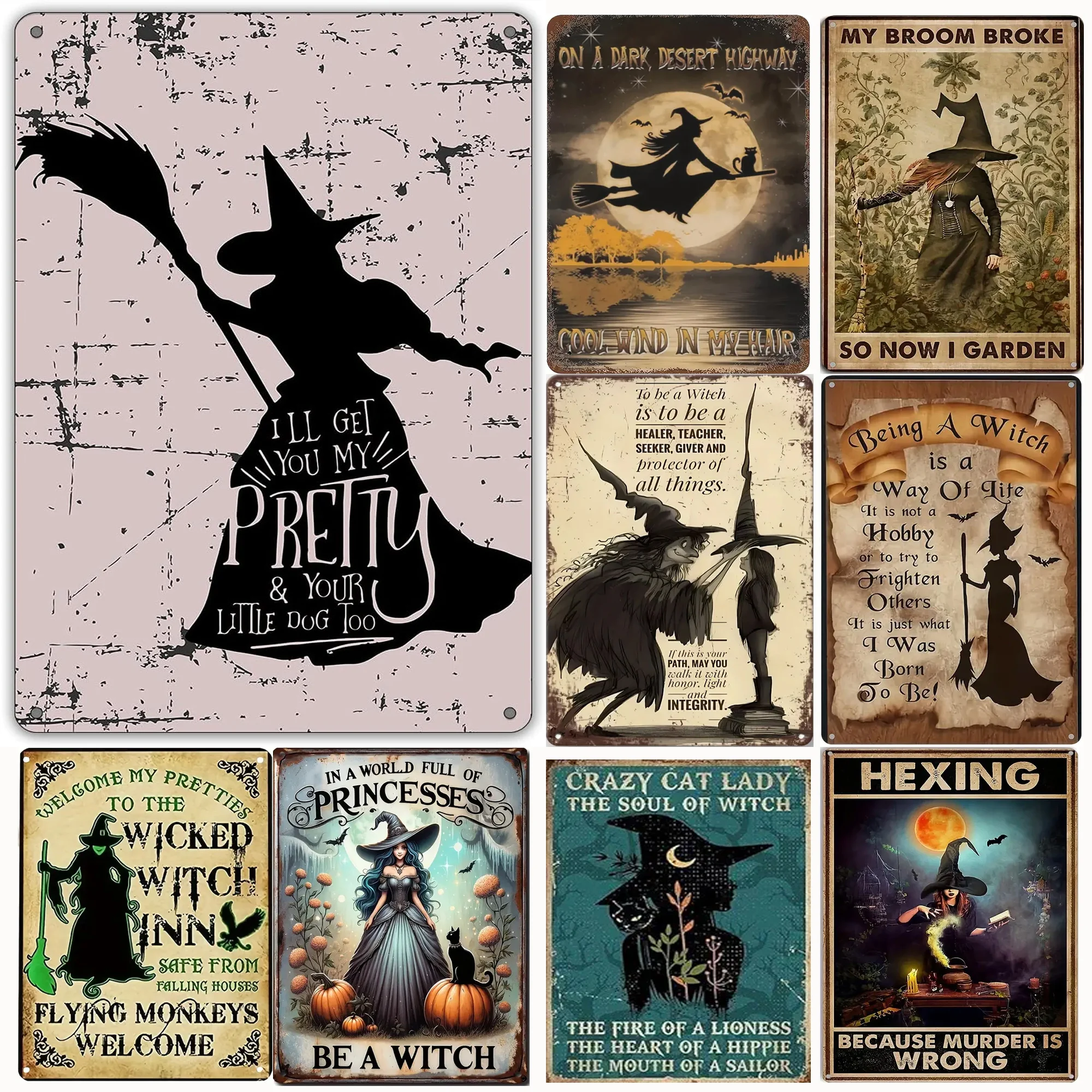 Vintage Hexe Metall Zinn Zeichen Wand dekoration Retro schwarze Katze Hexen kunst Zeichen für Wohnkultur Geschenke Image