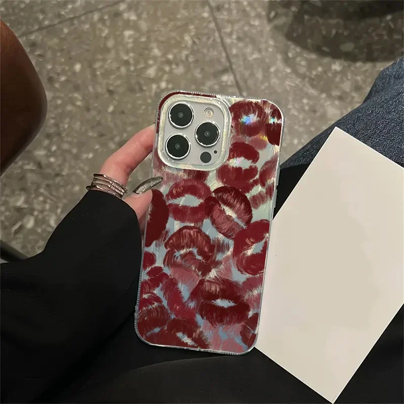 Luxus Laser Silber sexy Mädchen rote Lippen drucken Fall für iPhone 15 14 13 12 11 Pro max xs xr x 7 8 plus 15 stoß feste Stoßstangen abdeckung Image