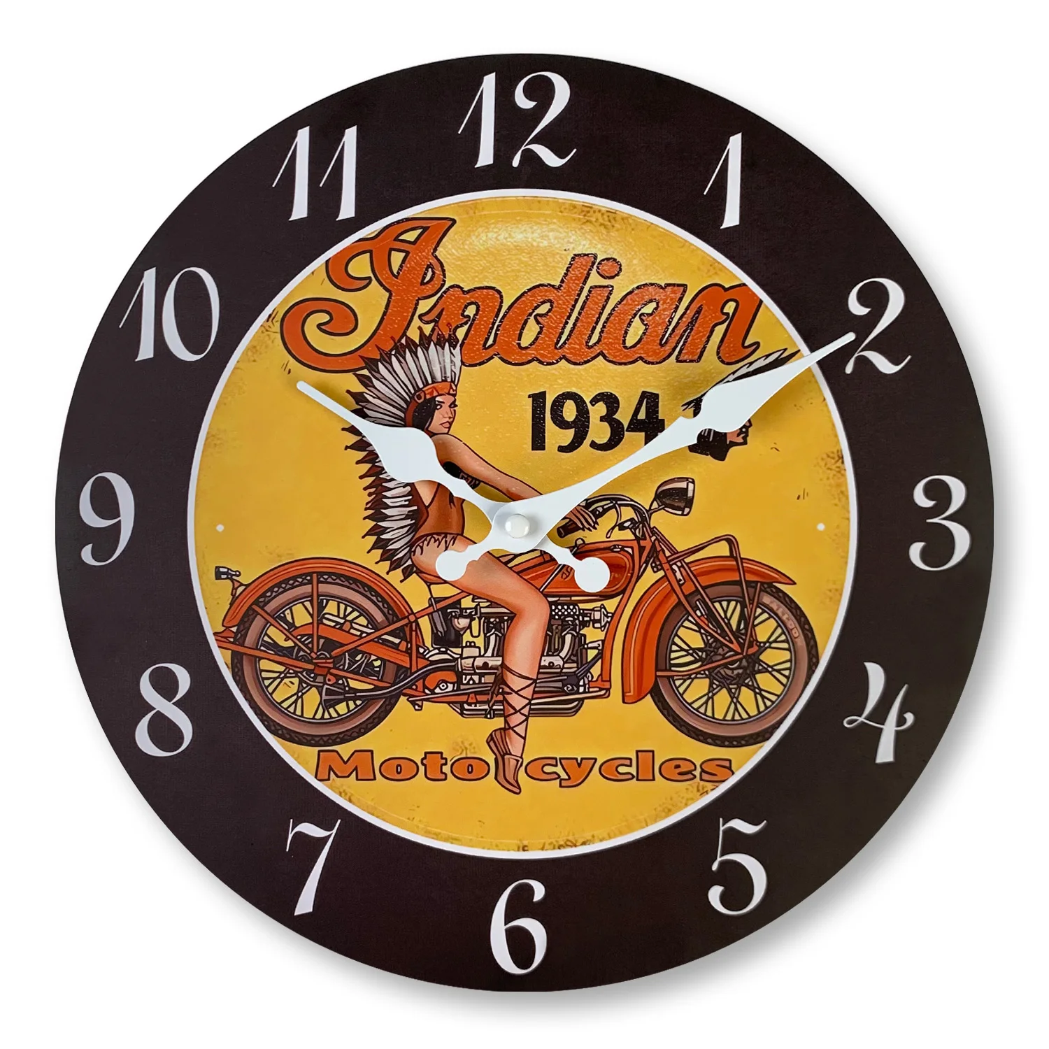 1pc Vintage Holzwand uhr, indisches Motorrad und indisches Mädchen Design Wanduhr, stille Uhr, Garage Wand dekoration Geschenk Image