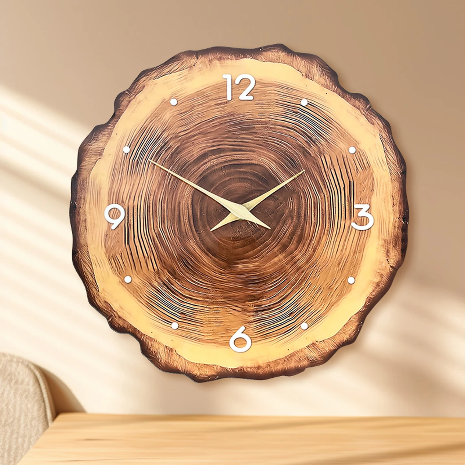 1pc Holzring Furnier Wanduhr, flache Holz Querschnitt Textur Muster Massivholz Zeiger Design Wanduhr, stille Uhr Image