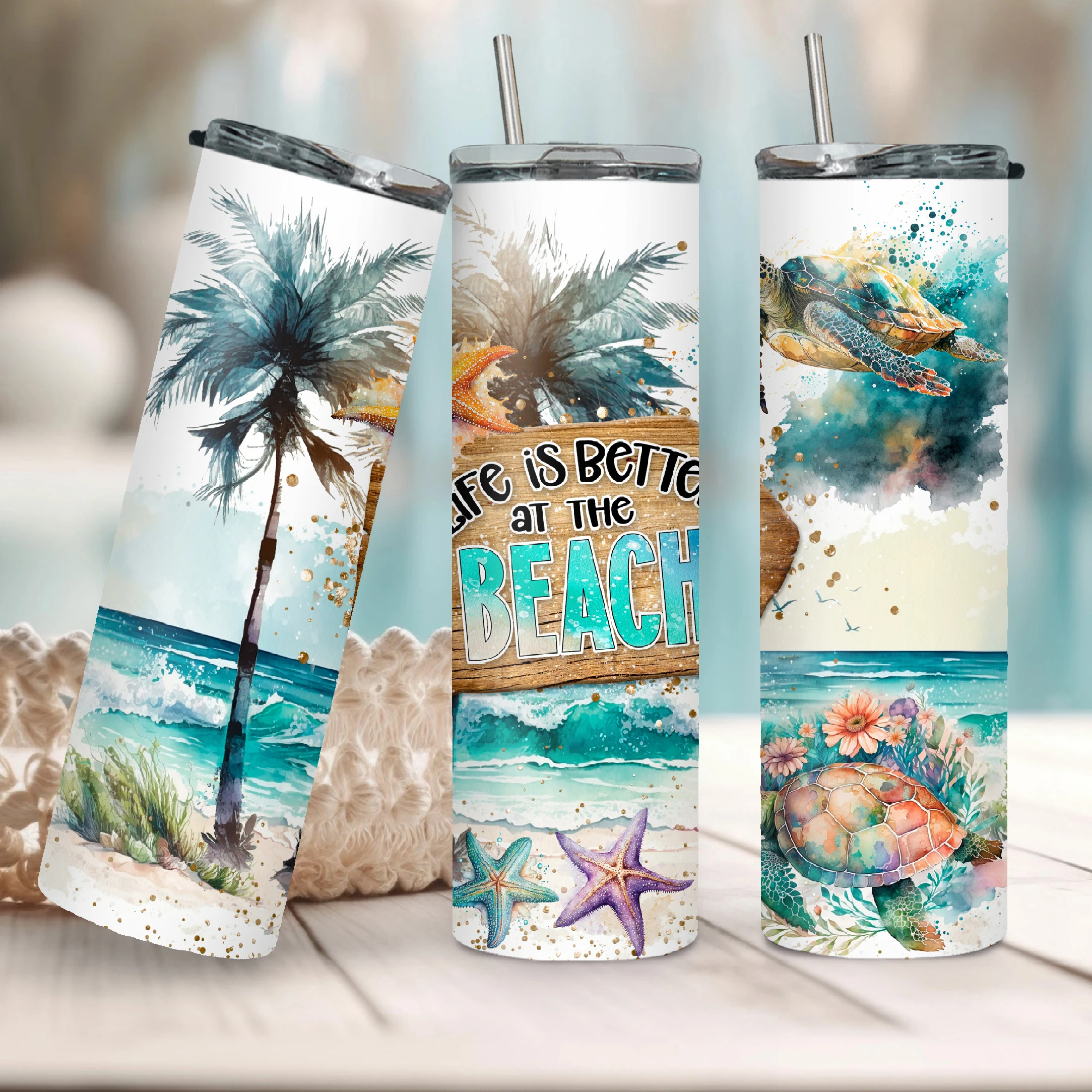 20oz Sommer-Strand-Kokosnussbaum-Vakuum-Skinny-Tumbler-Becher mit Deckel, Edelstahl-Isolierflasche für heiße und kalte Getränke Image