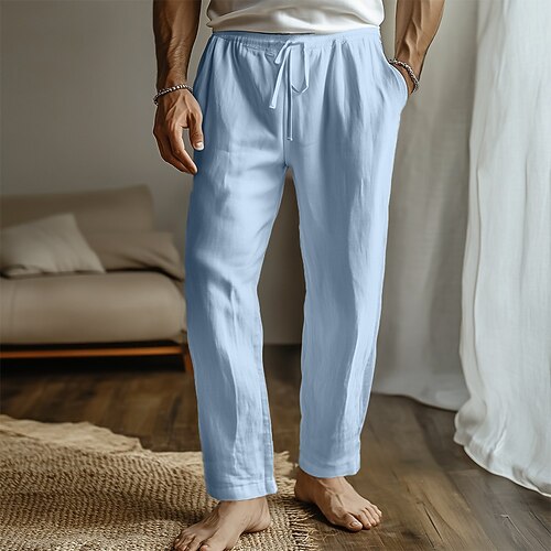 Herren Leinenhosen Hose Sommerhose Strandhose Kordelzug Elastischer Bund Einfach Komfort Atmungsaktiv Volle Länge Heim Lässig Täglich Mode Klassicher Stil Schwarz Weiß Image