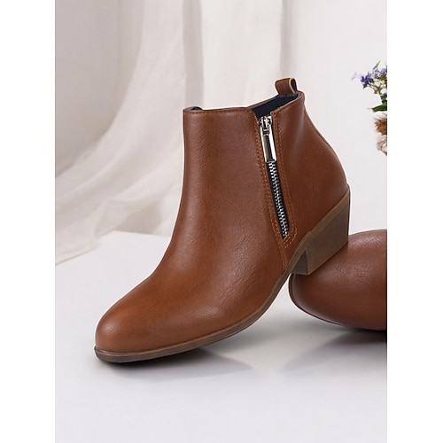 braune Damenstiefeletten aus Kunstleder mit seitlichem Reißverschluss bequem und stilvoll für den Alltag