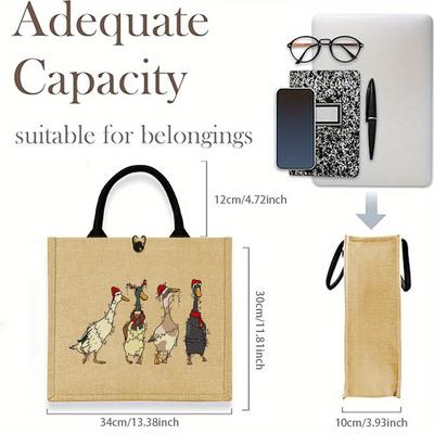 TEMU Fun Animals Christmas Tote Bag, Duck Printed Handbag Large Capacity Trendy Jute Bags For Outdoor Picnic, Party, Travelling, Shopping Image