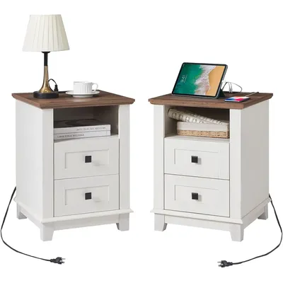 AMERLIFE 18" Farmhouse End Table Set of 2, Nightstand with Charging Station, with 2 Storage Drawers,