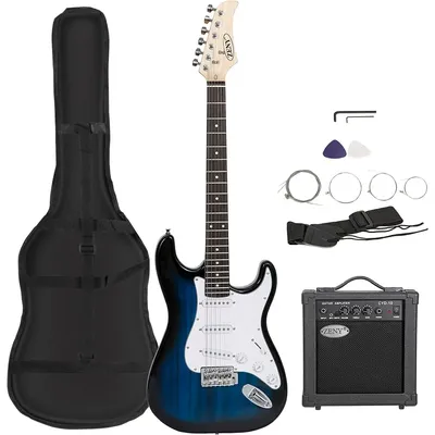 39" Full Size Electric Guitar with Amp, Case and Accessories Pack Beginner Starter Package, Blue