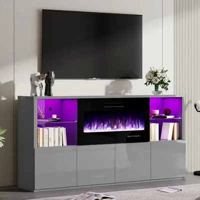 68" Modern Fireplace TV Stand for TVs up to 75",High Gloss Entertainment Center with 40" Fireplace,