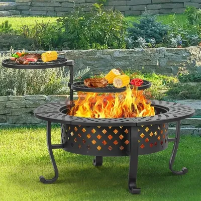 42 Inch Fire Pit with 2 BBQ Grills, Fire Pits for Outside with Lid & Fire Poker, BBQ& Outdoor