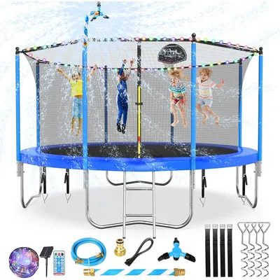Trampoline Outdoor, Large Kids Trampoline with Light, Stakes, Sprinkler, Backyard Trampoline with