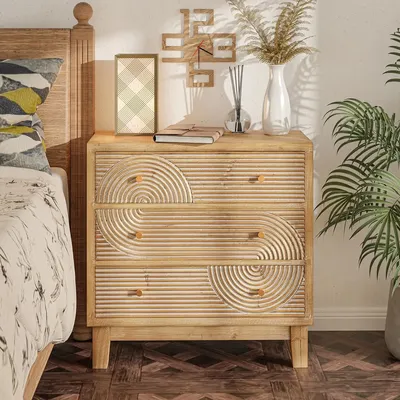 3-Drawer Farmhouse Dresser with Handicraft Wood Ring Motif, Fully Assembled Nightstand Wooden Finish