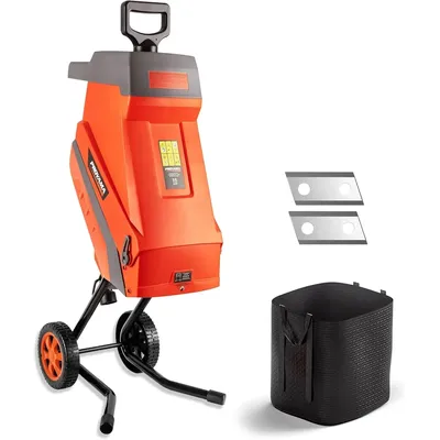 15 - Amp Electric Wood Chipper, Corded Shredder with Collection Bag and Push Stick, Double Sided