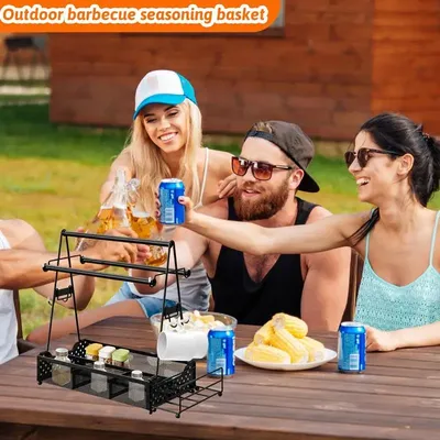 BBQ Caddy For Outdoor Picnic Condiment Organizer Basket Barbecue Tool Caddy Camping Must-Haves