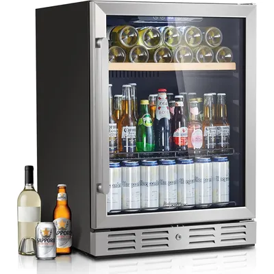 Beverage Fridge 24 Inch Beverage and Wine Cooler Built-in or Freestanding - 120 Cans & 16 Bottles