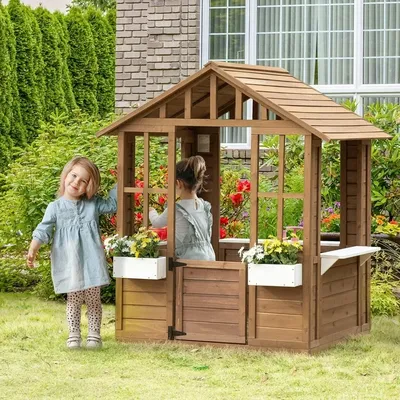 Kids Wooden Playhouse, Outdoor Garden Games Cottage, with Working Door, Windows, Flowers Pot Holder,