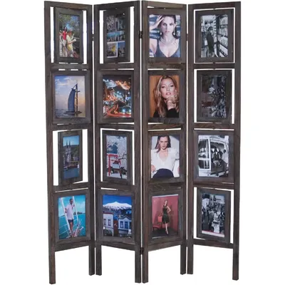 Panel Folding Screen Room Divider with Picture Frames to Display Pictures, Paulownia Wood,