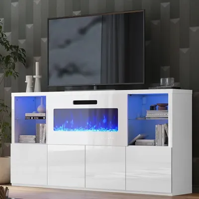 68'' Fireplace TV Stand w/ 40'' Fireplace, Modern High Gloss Fireplace Entertainment Center w/ LED