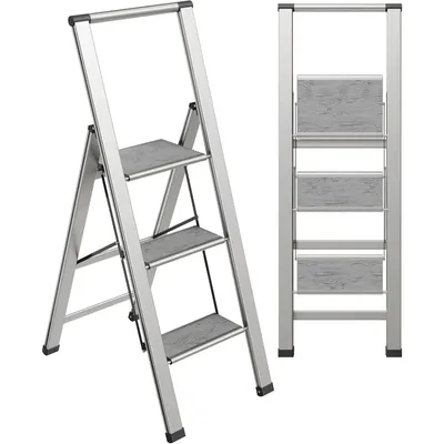 Step Ladder 3 Step Folding, Decorative - Beautiful Gray Wood & Silver Aluminum, Ultra Slim Profile,