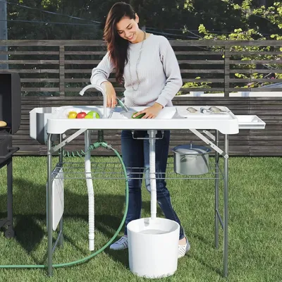 42.5" Fish Cleaning Table with Dual Sink, Portable Folding Camping Table with Faucet, Sprayer, Grid