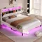 Bed Frame with Headboard Storage & LED Lights, Platform Beds with Charging Station, Velvet