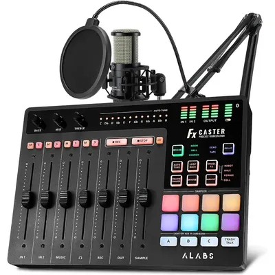Fxcaster Podcast Equipment Bundle - All-in-One Podcasting Starter Setup with 7-Channel Soundboard, Audio Interface, and 25